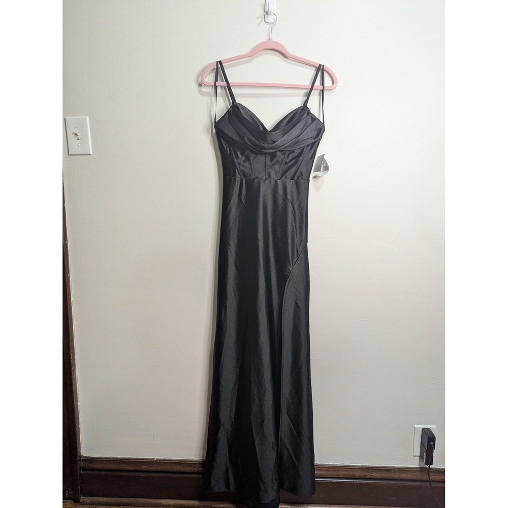 Blondie Nites Black Satin Cowl Neck Corset Maxi Dress Gown RBN104 Womens 3 NEW